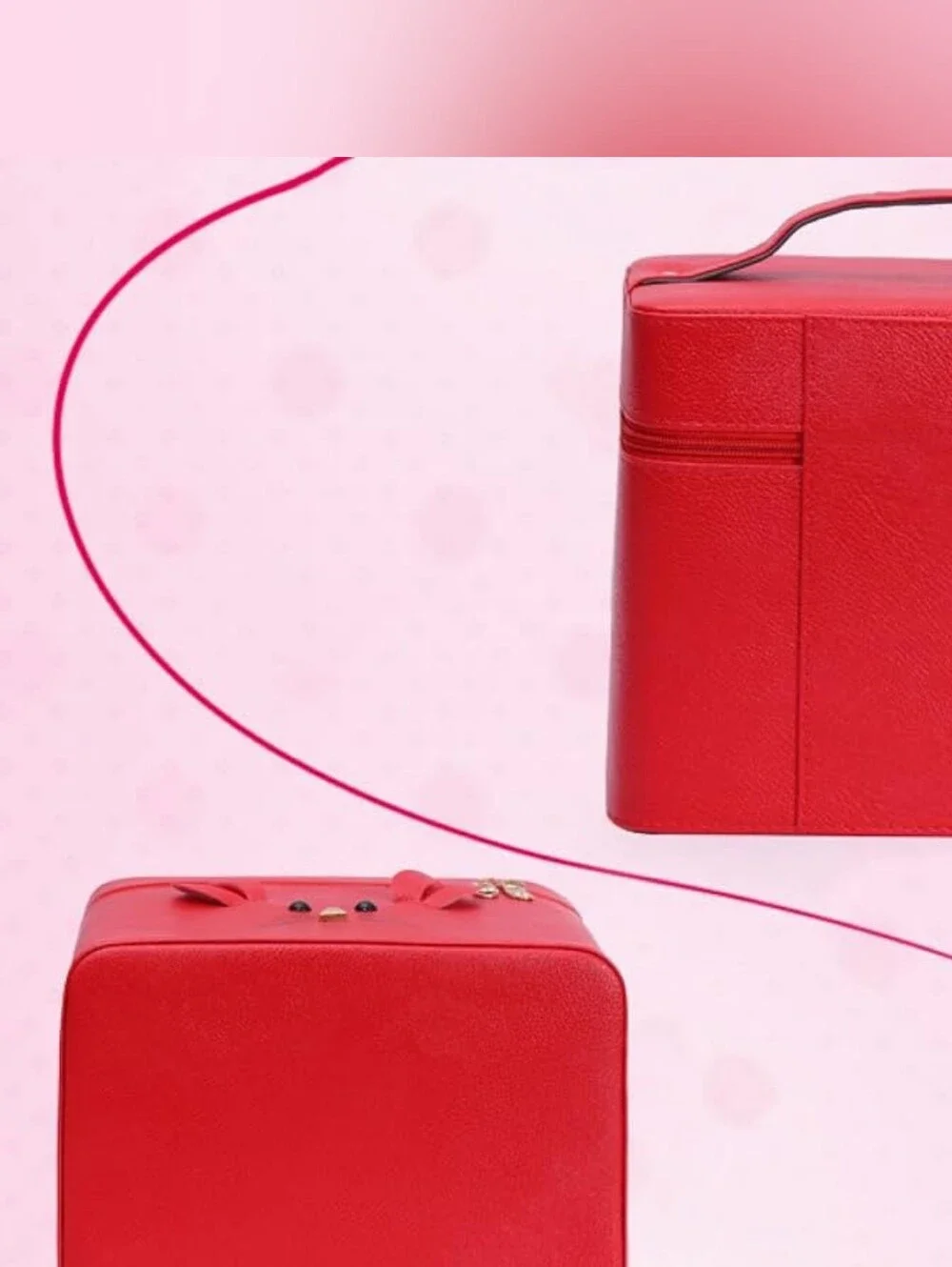 Large Capacity Cosmetic Train Case with Mirror Double Layered Red Portable